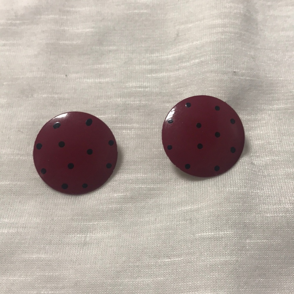 Deep red/purple post earrings w/ black polka dots